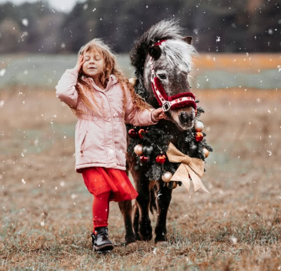 Dziewczynka w różowym płaszczyku prowadzi kucyka ozdobionego świątecznym wieńcem w zimowej scenerii