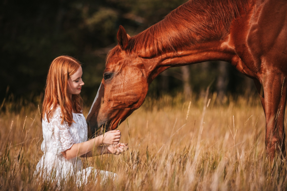 Kobieta w białej koronkowej sukience stoi obok kasztanowego konia na słonecznej łące