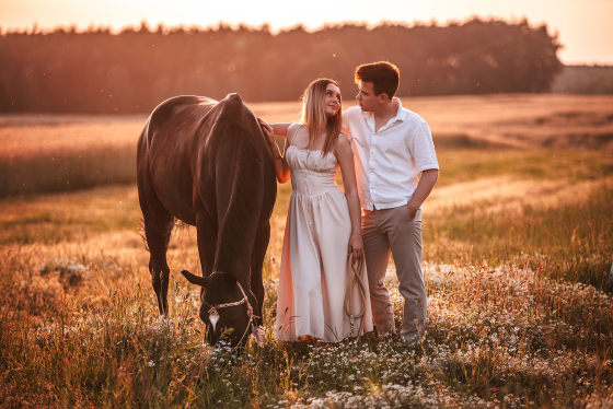 dziewczynka w czarnym ubraniu pozuje z karym koniem w zimowej aurze