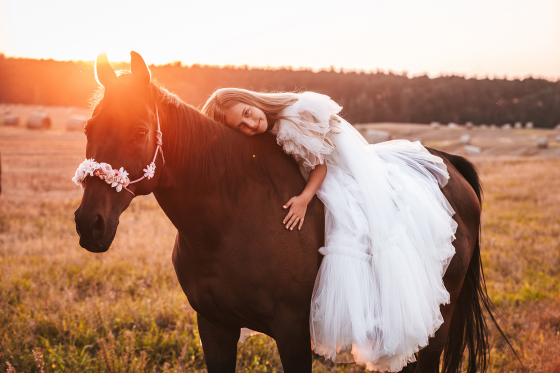Sesja komunijna z koniem Mosina o zachodzie słońca