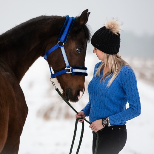Dziewczyna w niebieskiej bluzie patrzy na konia